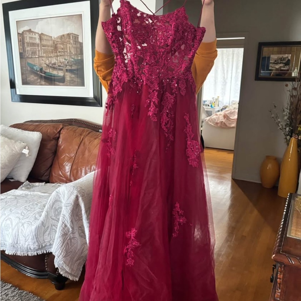 JJs House Burgundy Lace Prom Dress